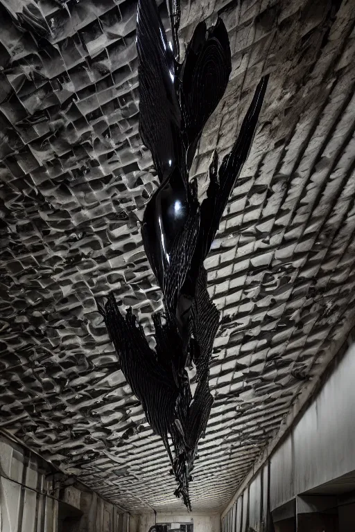 Prompt: ASYMMETRICAL irregular enochian brutalist black-metal spiraling jagged winged sculpture made of glossy black liquid latex and industrial hardware, hanging from ceiling in abandoned basement, designed by nancy grossman, anish kapoor, herman nitsch, 8k, hyperrealistic, hyper-detailed, highly textured, gloss finish, sharp focus, dark volumetric lighting