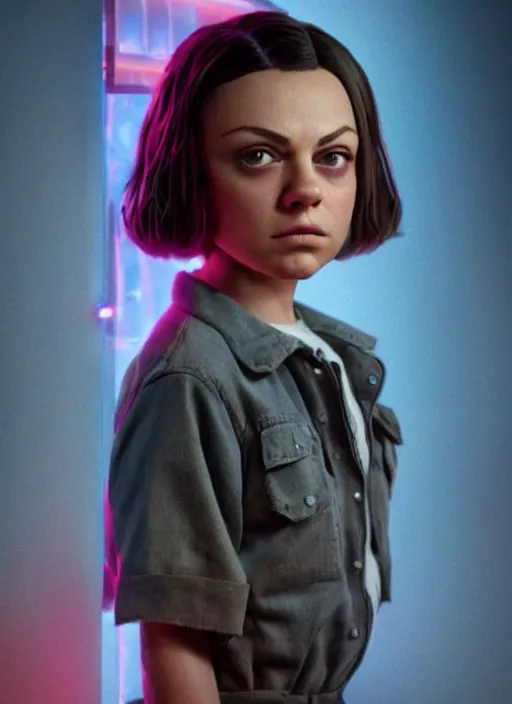 Image similar to Mila Kunis (buzzcut haircut) cast as Eleven, still from Stranger Things movie, hyperrealistic, 8k, Octane Render,