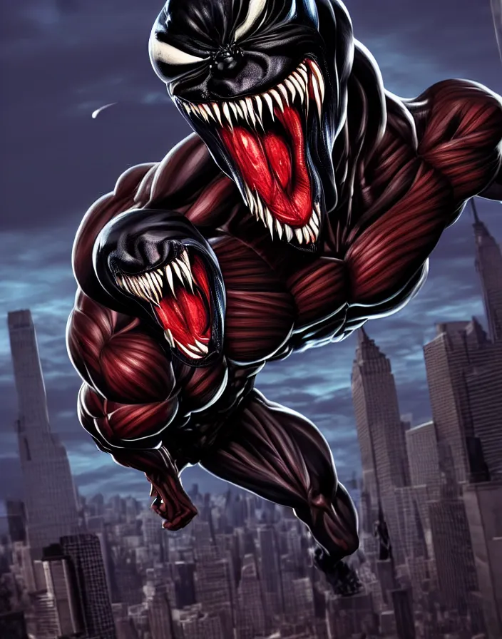 Image similar to fantastic illustration of venom, lethal protector, muscles, muscular, veins, open mouth, angry, saliva, bigh sharp teeths, savage, in a city at night, on top of buildings, large thong, artstation, 3 d hammer modeling, hd, sharp high quality artwork in cinematic style, movie lighting,