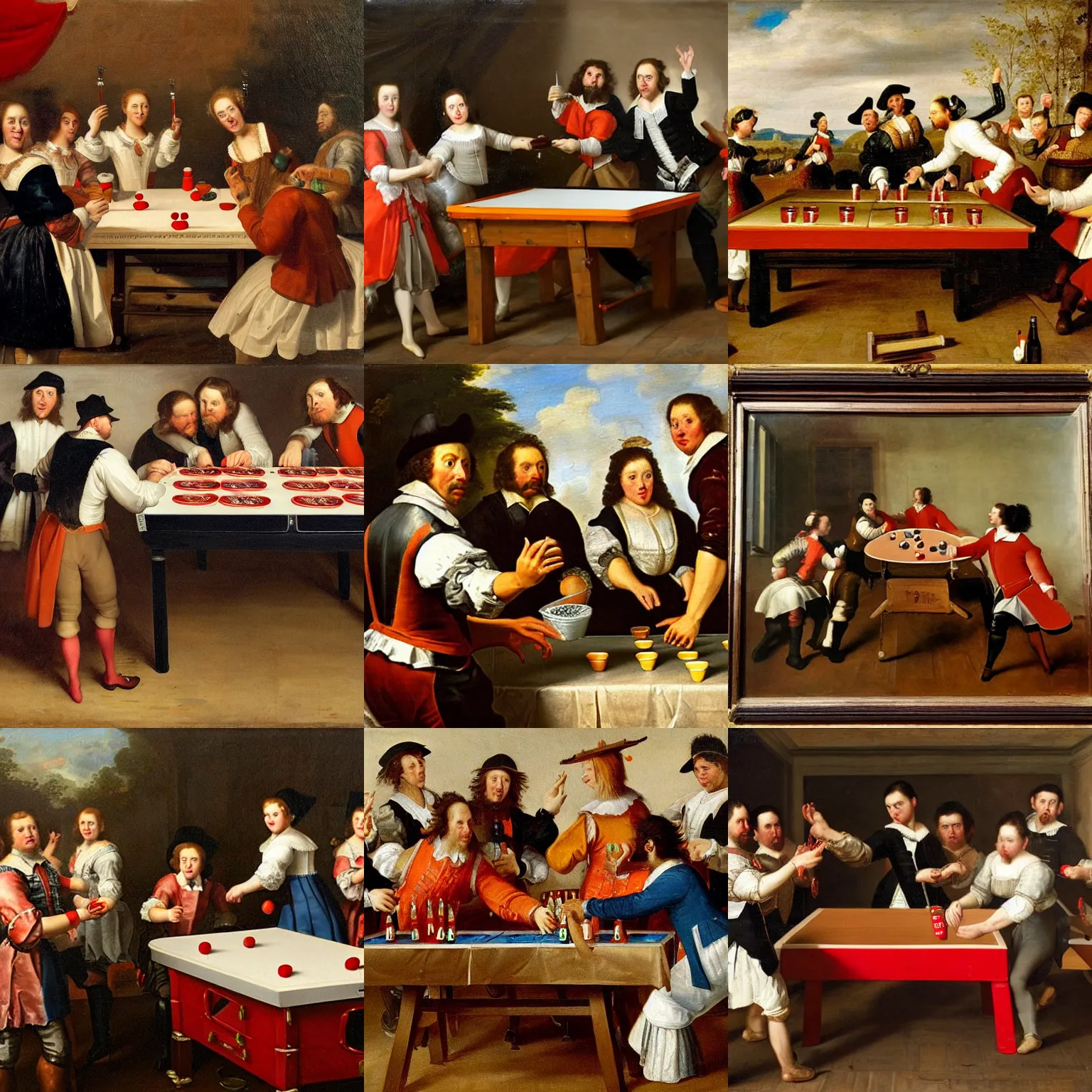 Prompt: Dutch oil painting from 1600s: Students playing beer pong on a table at a party, red solo cups