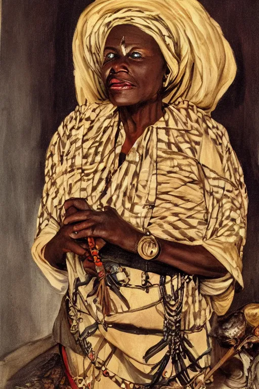 Image similar to a realistic portrait of a bewitching african witch in her home