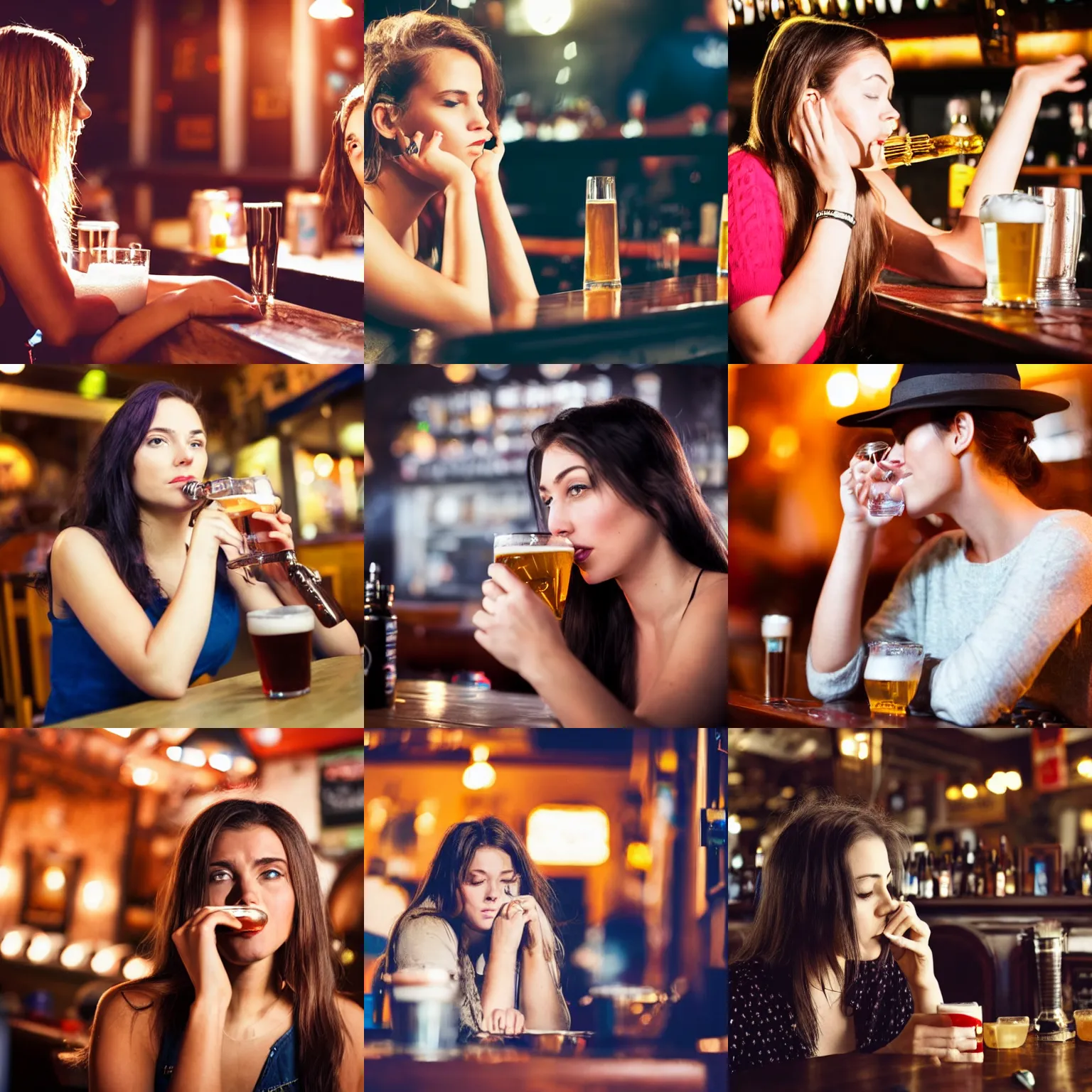 Prompt: a beautiful young woman drinking her blues away alone at a pub in the evening