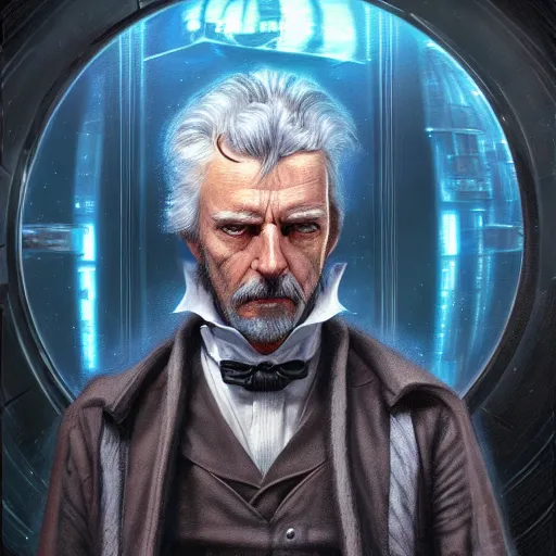 Image similar to star wars comic book style portrait painting of an old thin wispy man with a mean intelligent face, and futuristic victorian clothing, standing in front of a computer simulation, sci - fi, intricate, elegant, highly detailed, digital painting, artstation, concept art, matte, sharp focus, illustration, art by artgerm and greg rutkowski and jim burns