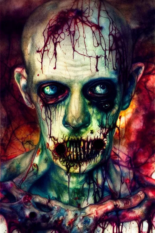 Image similar to autochrome of a rotting zombie cop by agnes cecile, brian froud, intricated details, 3 / 4 view, full body portrait, extremely luminous bright design, horror, pastel colours, toxic drips, autumn lights