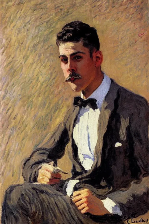 Image similar to attractive male, painting by claude monet, j. c. leyendecker