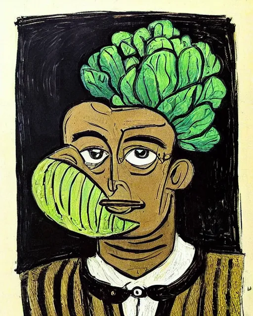 Image similar to painting of a man with a cabbage in the place of his head, masterpiece, painted by Bernard Buffet