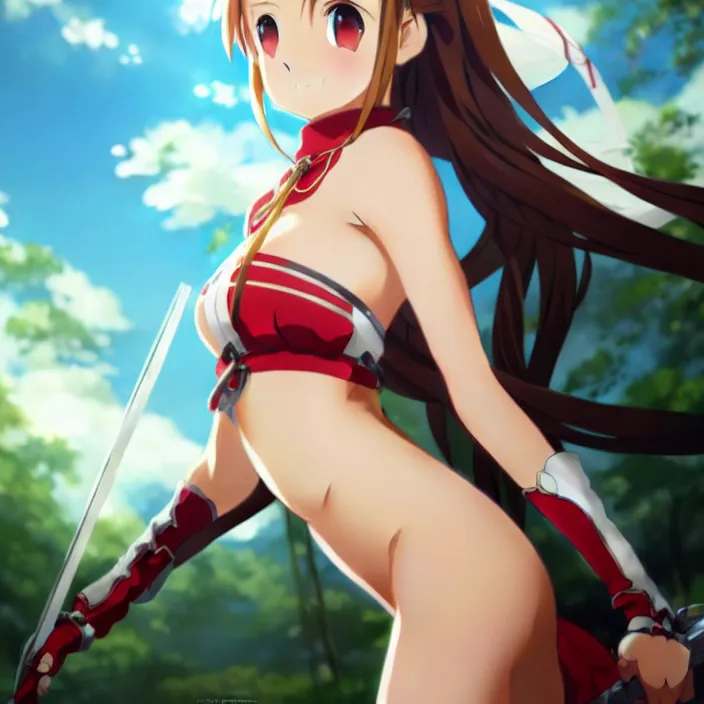 Image similar to beautifu photo of asuna from sao, asuna by a - 1 pictures, by greg rutkowski, gil elvgren, enoch bolles, glossy skin, pearlescent, anime, maxim magazine, very coherent