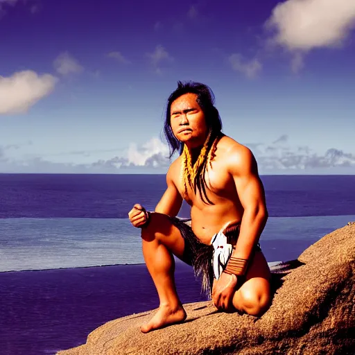 Image similar to a pacific islander warrior on a canoue, 4 k, hyper realistic, dslr, high resolution, landscape, beautiful