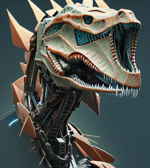 Image similar to symmetry!! portrait of a hybrid robot dinosaur, floral! horizon zero dawn machine, intricate, elegant, highly detailed, ray tracing, digital painting, artstation, concept art, smooth, sharp focus, illustration, art by artgerm and greg rutkowski and alphonse mucha, 8 k