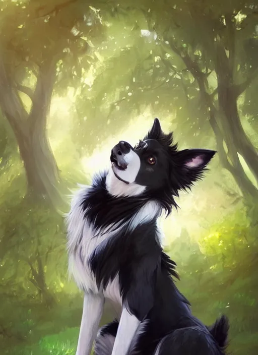 Image similar to beautiful wide angle full body portrait of a cute male anthropomorphic anthro border collie fursona wearing indigo clothes in a park, character design by charlie bowater, henry asencio, and ross tran, scenic background, detailed, glamor pose, aesthetic, trending on artstation, furaffinity, deviantart