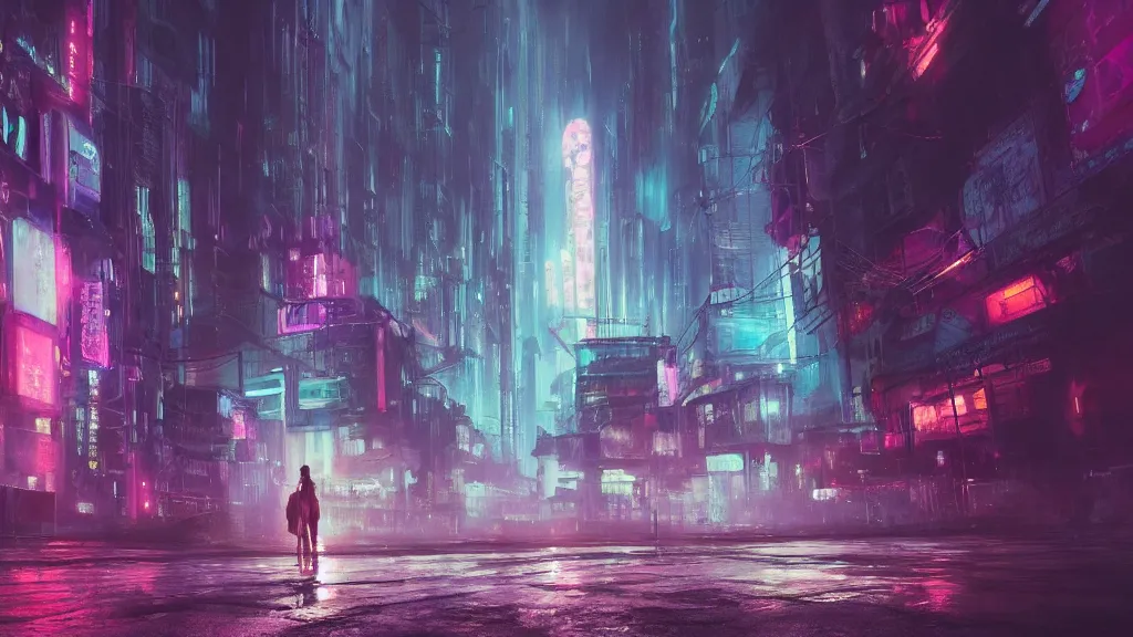 Prompt: a surreal dreamlike scene of a lone ghostly spirit wisp floating through a vibrant cyberpunk alien city at night, light rain, somber melancholic matte painting, highly detailed oil painting, liminal space, 8k, stillness, solitude, soft calm warm neon atmosphere, masterpiece