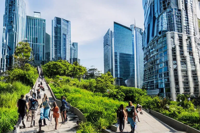 Prompt: a cinematic wideangle photograph of people walking through a utopian city walkway on top of buildings, green plants, blue sky, beautiful lighting, ultra realistic