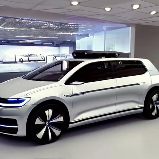 Image similar to a volkswagen concept car for the metaverse in a showroom