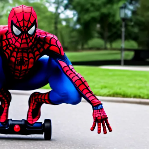 Image similar to spiderman falls off a hoverboard