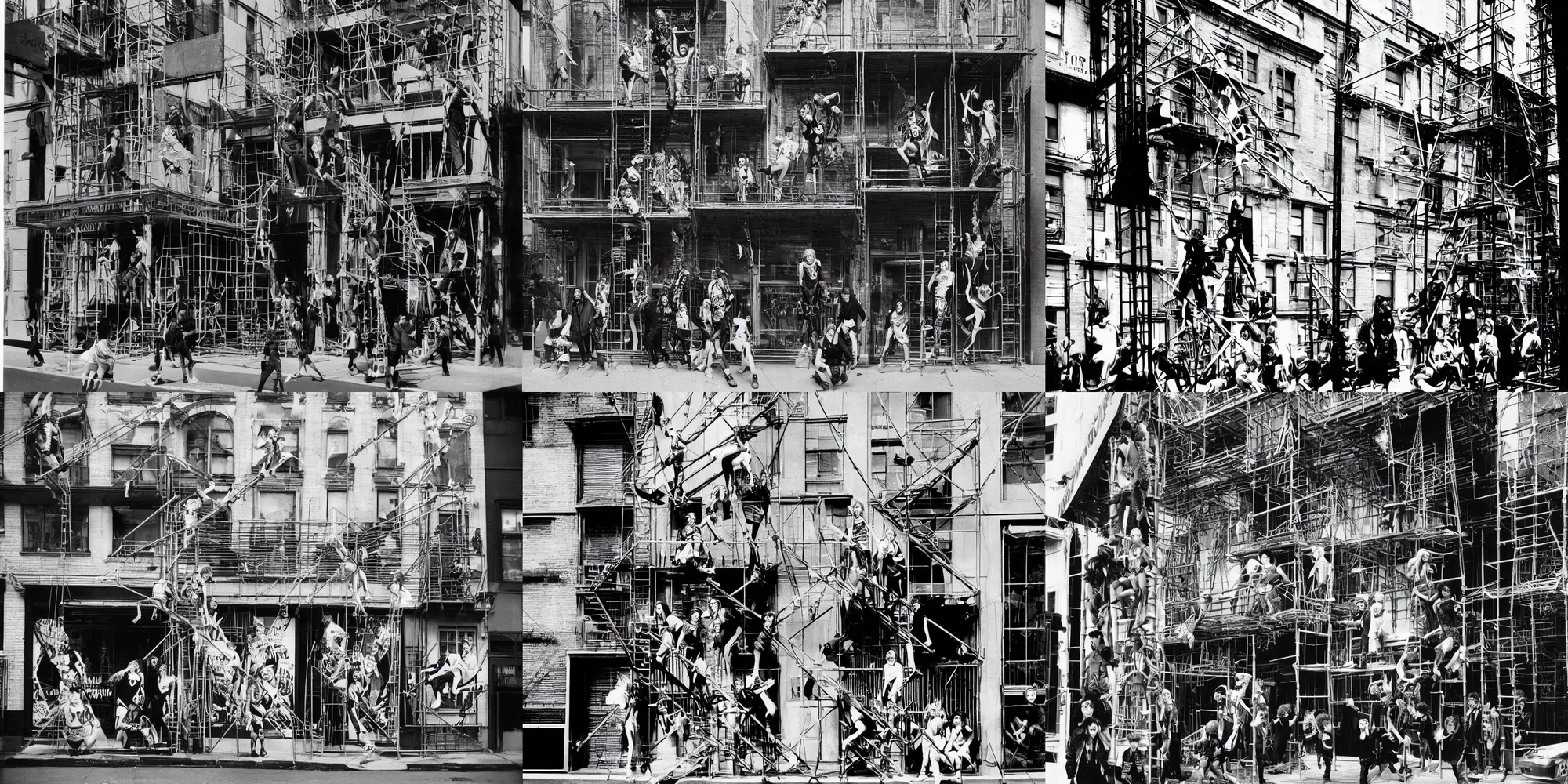 Prompt: !dream Night flash photography of punk and goth kids hanging from scaffolding and in various poses in front of shuddered NYC stores photographed by Cindy Sherman