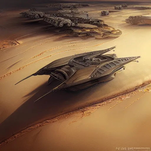 Image similar to grey and brown futuristic hovercraft flying over an alien desert filled with conveyor belts and turrets, epic, closeup shot, painted by Bastien Lecouffe-Deharme