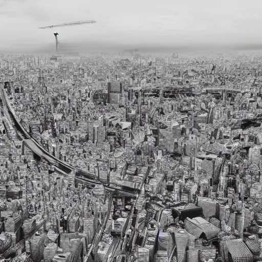 Image similar to tokyo city taken from drone by ashley wood and j. m. w. turner, speed painting, photo bash, cinematic angle, super detailing, monochrome