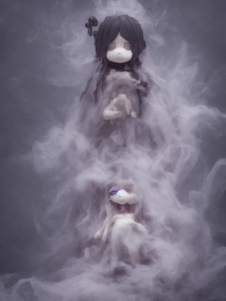 Prompt: cute fumo plush of a cursed frail witch girl held tight in the arms of a ghost, hugging, maternal, melting volumetric smoke and fog, environment map pbr reflective stormy water, goth, vignette, vray