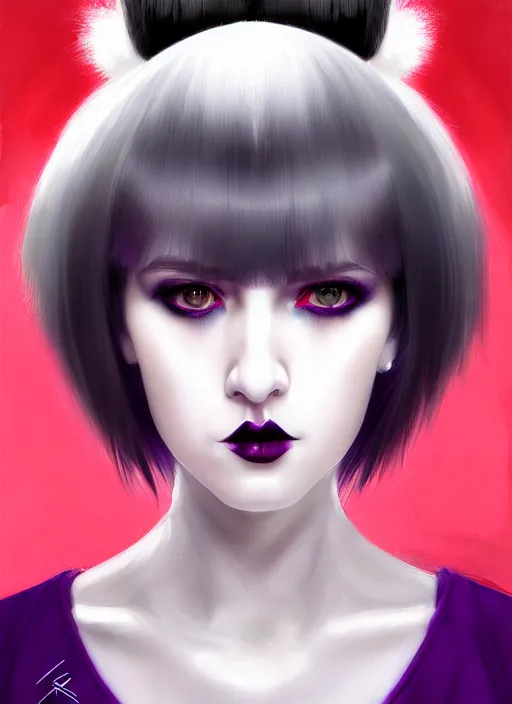 Image similar to portrait of white teenage girl, normal face, white bangs, mall goth, cyberlox, black and white hair, bangs, fluffy bangs, red contact lenses, purple lipstick, intricate, elegant, highly detailed, digital painting, artstation, concept art, sharp focus, smooth, illustration, art by wlop, mars ravelo and greg rutkowski