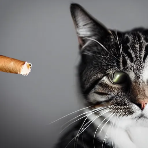 Image similar to a high detail closeup shot of a cat wearing a suit and smoking a cigar