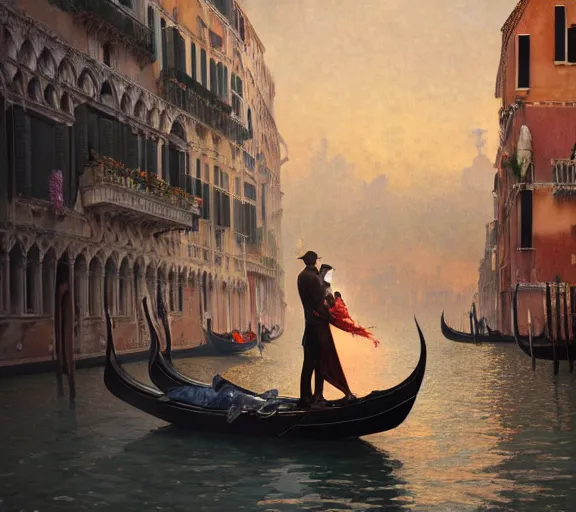 Image similar to photography of a couple in venice with fireworks, deep focus, intricate, elegant, highly detailed, digital painting, artstation, concept art, matte, sharp focus, illustration, art by artgerm and greg rutkowski and alphonse mucha and gil elvgren