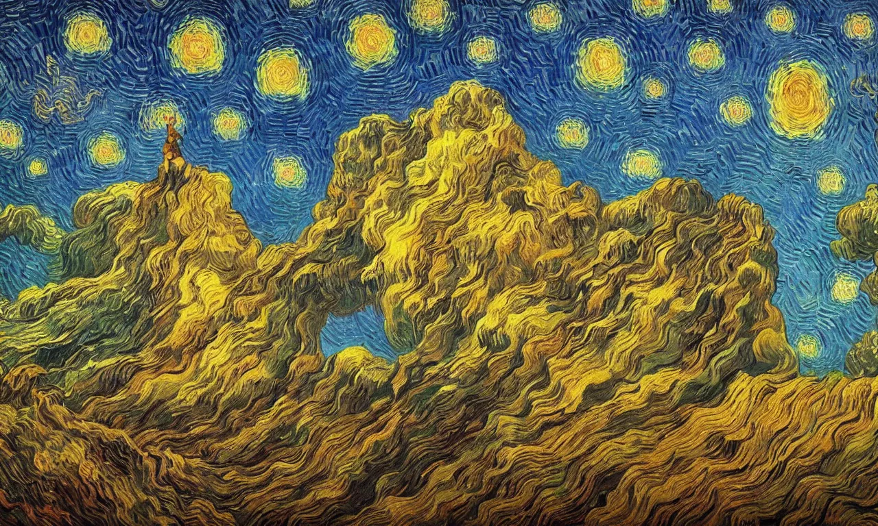 Prompt: digital mind trips inspired by liberal spiritual dimensions, concept art, landscape art, intricate detail, volumetric shadows and lighting, realistic oil painting by van gogh, alex grey, thomas cole,