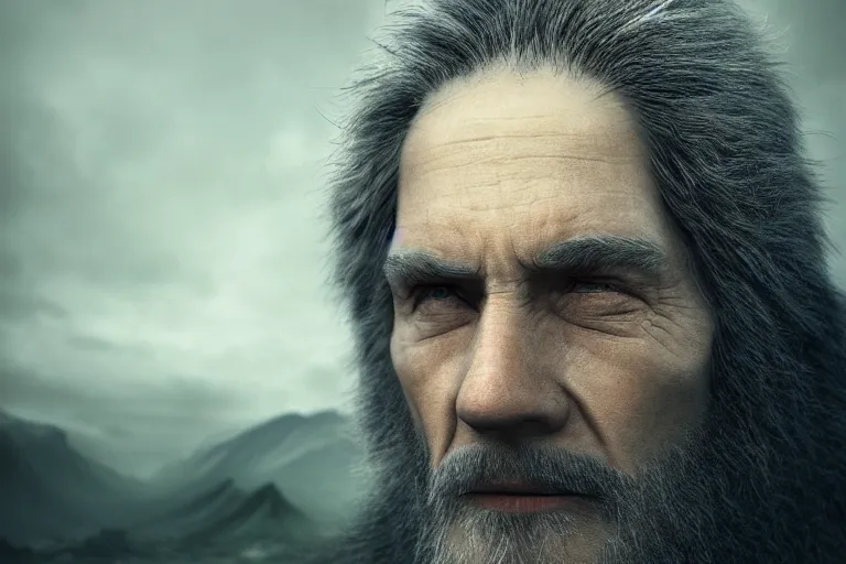 Image similar to an ultra realistic cinematic close up headshot portrait of an evil wizard, background of a vast serene landscape with trees and rivers, detailed, deep focus, movie still, dramatic lighting, ray tracing, by michal karcz and yoshitaka amano