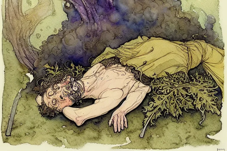 Prompt: a realistic and atmospheric watercolour fantasy character concept art portrait of bilbo baggins lying on his back freaking out with a pot leaf nearby, by rebecca guay, michael kaluta, charles vess and jean moebius giraud