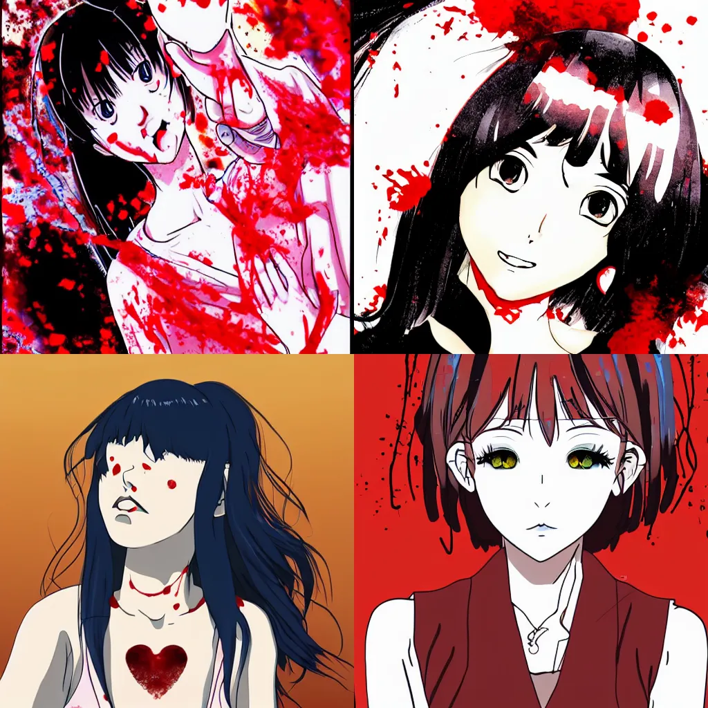 Prompt: a beautiful woman covered in blood smiling at the camera. Anime in the style of hisao shirai and Satoshi Kon. In the style of perfect blue. Madhouse production. Hyper realistic anime