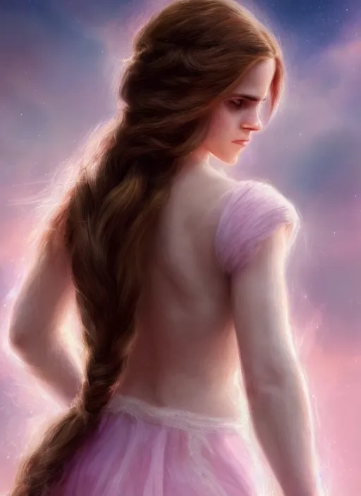 Image similar to emma watson as nature magic celestial, back pose, long hair, soft pink and white transparent cloth, space, D&D, shiny background, intricate, elegant, highly detailed, digital painting, artstation, concept art, smooth, sharp focus, illustration, artgerm, bouguereau