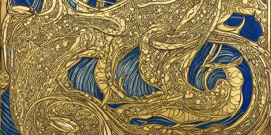 Prompt: whale, tarot style, art nouveau, gold filigree, painted, high detail,