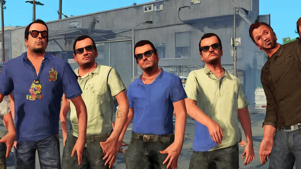 Image similar to julian, ricky and bubbles from the trailer park boys in gta v loading screen, stephen bliss