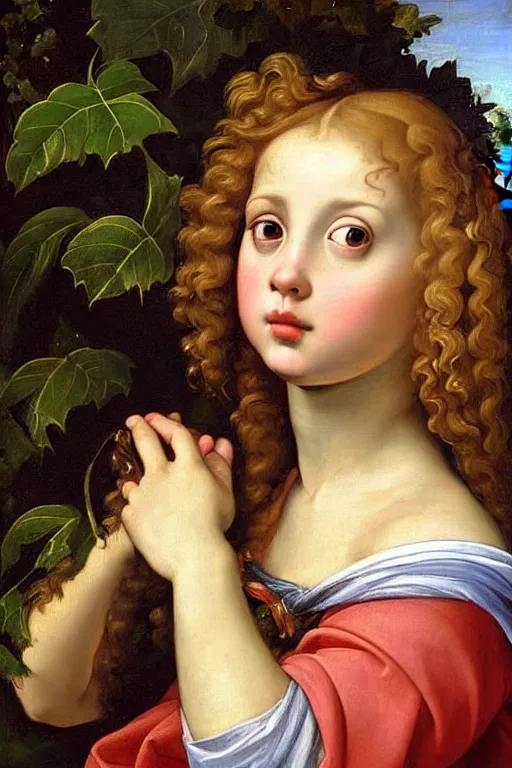 Image similar to renaissance painting of young girl in the garden, closeup, curly long hair, face closeup, emotions closeup, dressed in roman armour, the beautiful garden with maple leaves everywhere, ultra detailed, art by guido reni style, vincenzo catena style