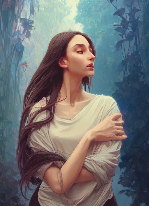 Image similar to handsome young brown women with shoulder length white hair, half body shot, path traced, highly detailed, high quality, digital painting, alena aenami, lilia alvarado, shinji aramaki, karol bak, alphonse mucha, tom bagshaw