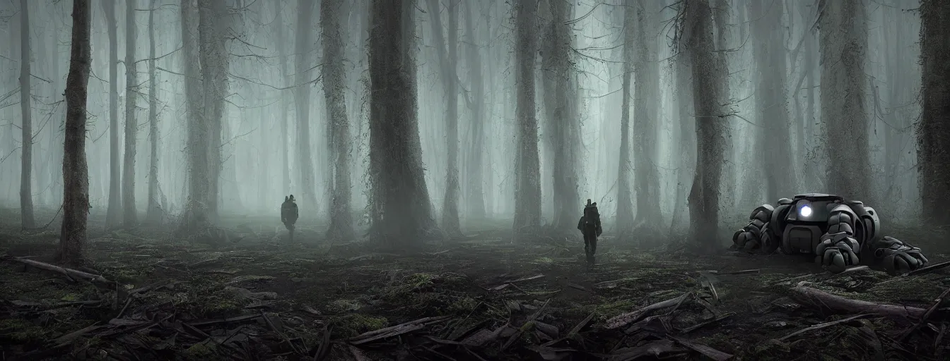 Prompt: dark foggy forest in the night, scifi robots with strong lights are searching for hidden human soldiers, postapocalyptic style, heavy rain, reflections, high detail, dramatic moment, motion blur, dense ground fog, dark atmosphere, saturated colors, by darek zabrocki, render in unreal engine - h 7 0 4