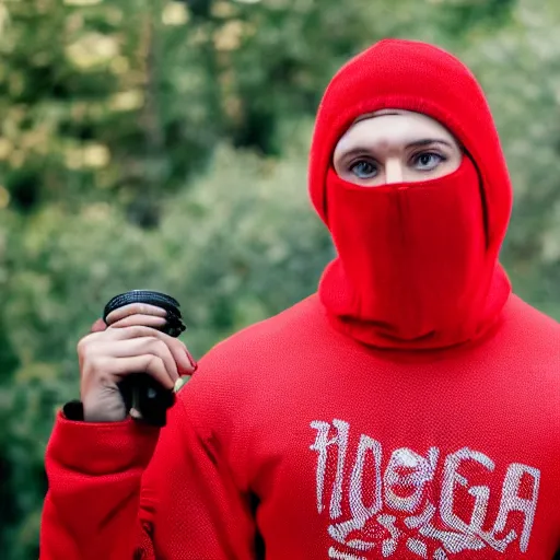 Prompt: thug shaker in red ski mask looking at camera