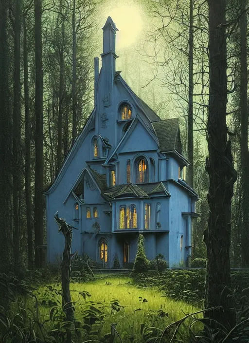 Image similar to hyper realistic witchy modern gothic house with mood lighting and tech in the woods gorgeous lighting, sunbeams blue sky, highly detailed, lush forest foliage painting by zdzisław beksinski and norman rockwell and greg rutkowski weta studio, and lucasfilm