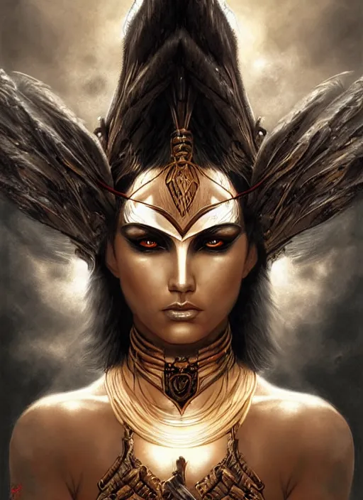 Prompt: a highly detailed symmetrical painting of a female amazon warrior with piercing beautiful eyes in dark tomb setting, dynamic lighting, ambient lighting, deviantart, art by artgerm and karol bak and mark brooks