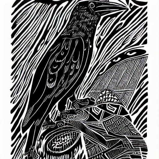 Image similar to crow, bold stylized block print, 4k, black ink on white paper