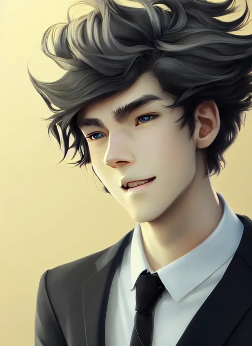 Image similar to young man with medium - length, curly, golden hair, perfectly proportioned face, aquamarine eyes, sweet smile, wearing a black suit, natural lighting, path traced, highly detailed, high quality, animation art, digital painting, by new haicheng and studio ghibli