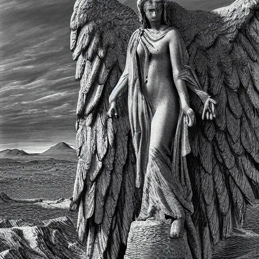 Prompt: weeping angel statues in the mohave desert, high detail, dramatic light, illustration by gustave dore