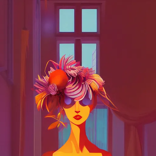 Image similar to giant flower under head, woman next to modern windows, luxury apartment, surreal photography, dramatic light, impressionist painting, digital painting, artstation, james gilleard