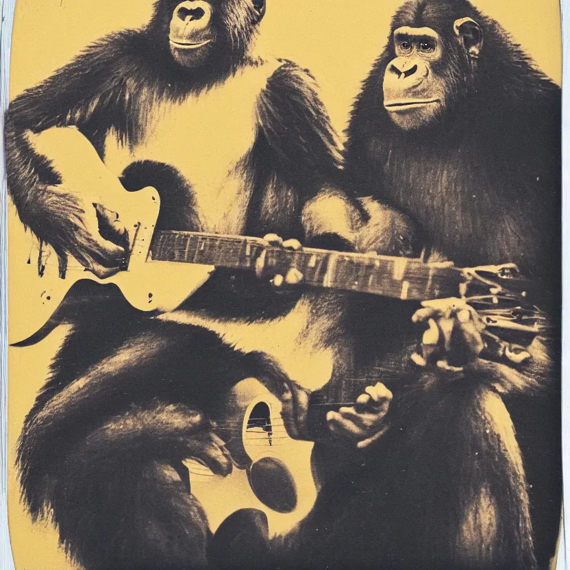 Image similar to portrait of an ape playing a guitar, polaroid