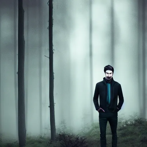 Image similar to a long, dark haired man, 2 8 years old, five o'clock shadow casually dressed, cinematic, gloomy forest background, realistic, digital art, character art, 8 k