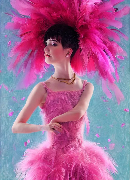 Prompt: beautiful young girl with an pink eccentric haircut wearing an dress made of feathers dancing on stage, artwork made by ilya kuvshinov, inspired in donato giancola, hd, ultra realistic, reflection, stage