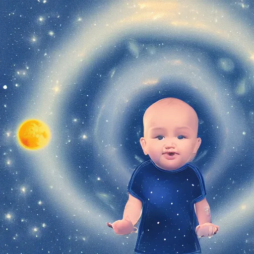 Image similar to lonley and gloomy baby in middle of space surrounded by colorful stars planets and galaxies, grainy design, high quality, 4 k, award winning