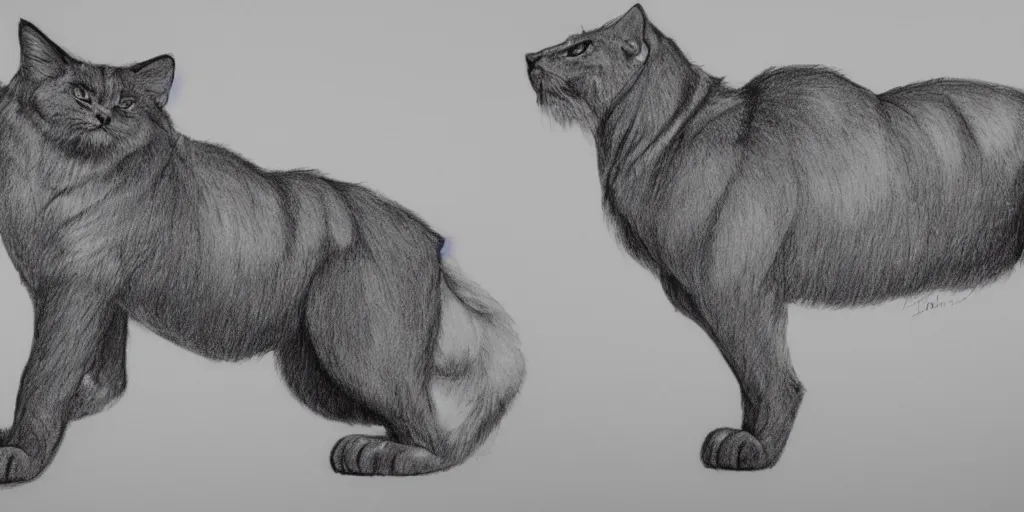 Image similar to full body shot of a large canine with the tail and ears of a cat, pencil drawing, illustration, black and white, artstation