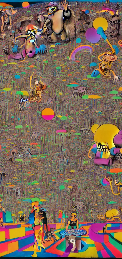 Image similar to epic mural of grizzly bear skeletons dancing, rainbow tubing, hieronymus bosch, victor moscoso, owsley, r crumb, clean outlines, shusei nagaoka, kaws, james jean, octane render