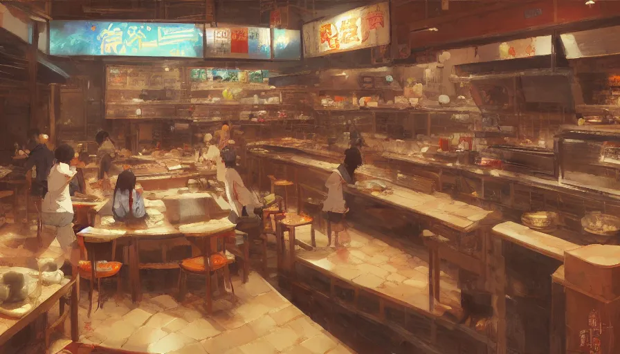 Prompt: interior of a ramen shop, trending on pixiv fanbox, painted by greg rutkowski makoto shinkai takashi takeuchi studio ghibli