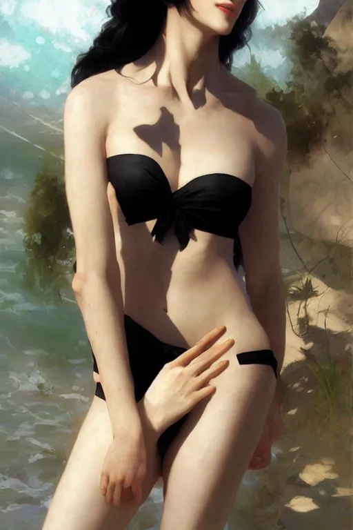 Image similar to nami, short blonde black hair, bikini, digital art from artstation by ruan jia and mandy jurgens and artgerm and william - adolphe bouguereau